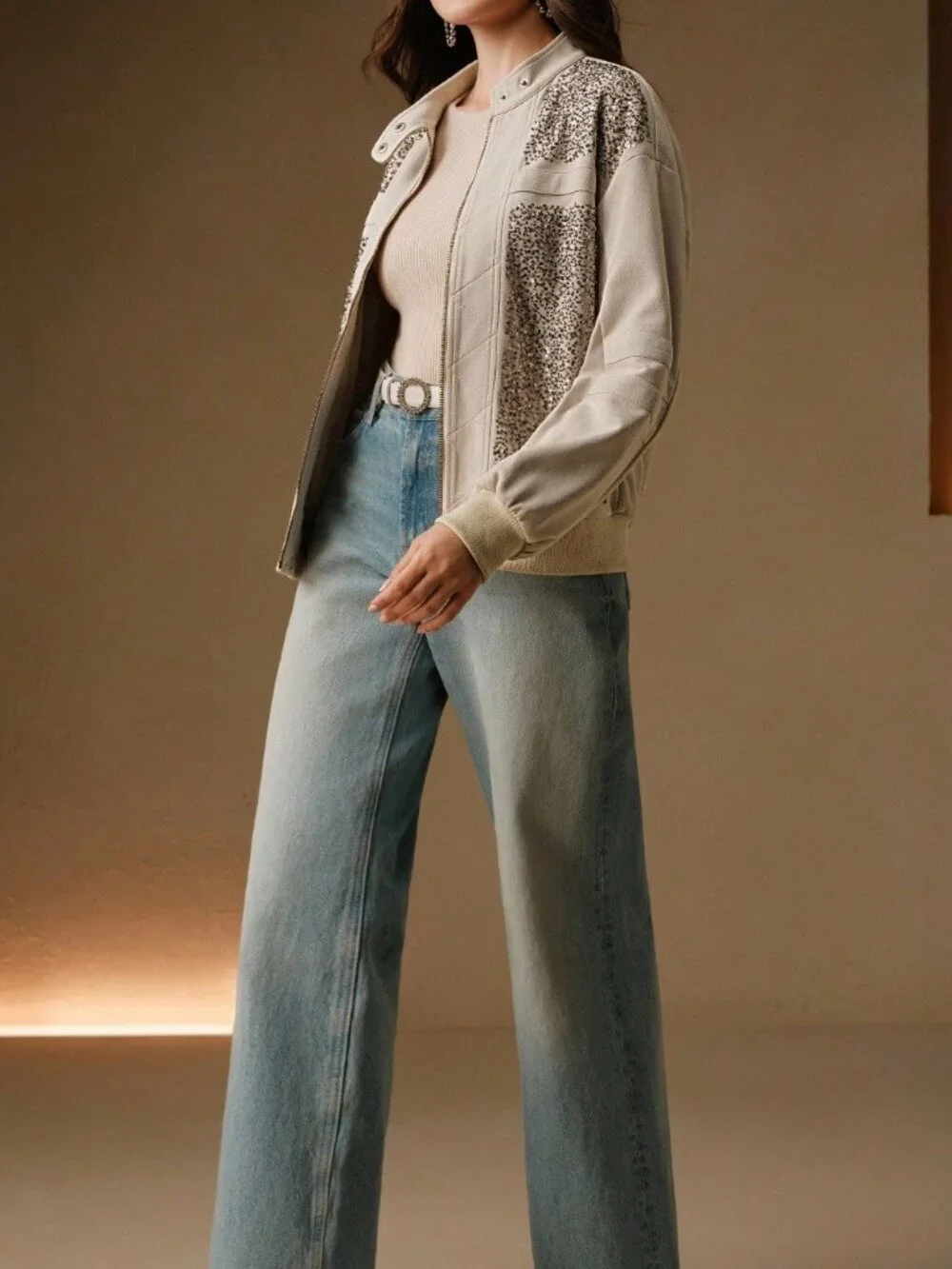 Khaki Casual Women'sKnit Embroidered Loose Jacket